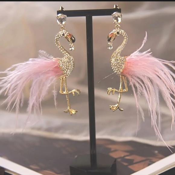 🌺Flamingo Rhinestone Feather Earings Flamingo Accessories - Picture 1 of 5